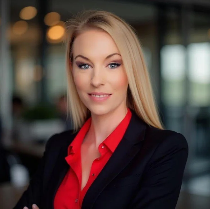 A professional woman with blonde hair and blue eyes, wearing a red shirt and black blazer, smiling confidently in an office setting.