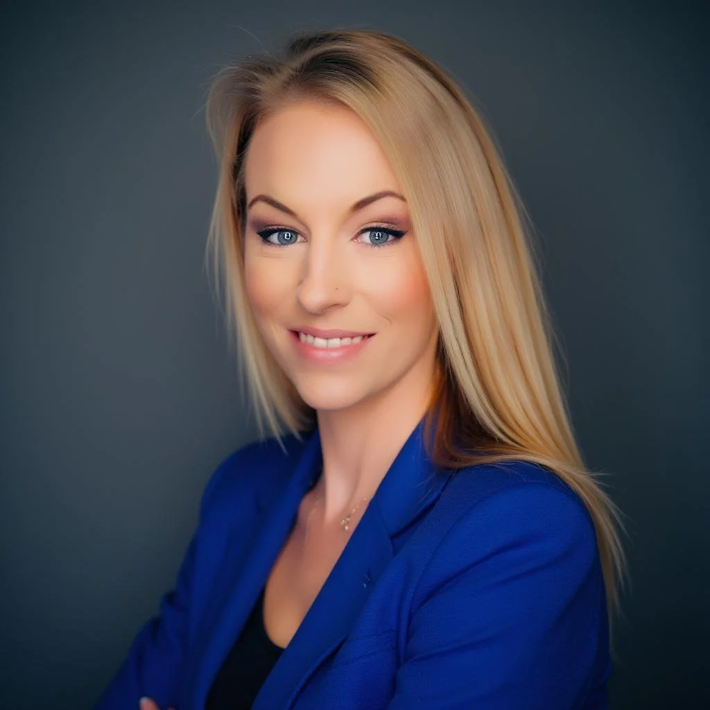 “Professional headshot of a woman with long blonde hair wearing a royal blue blazer and black top, standing against a dark gray background with a confident, approachable expression.”
