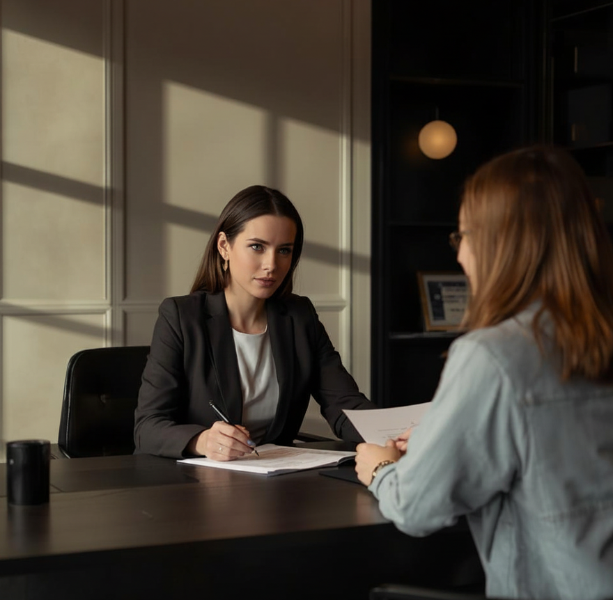 A woman in a black blazer sitting at a desk, talking with another woman in a light-colored shirt, during a professional meeting or interview in an office.