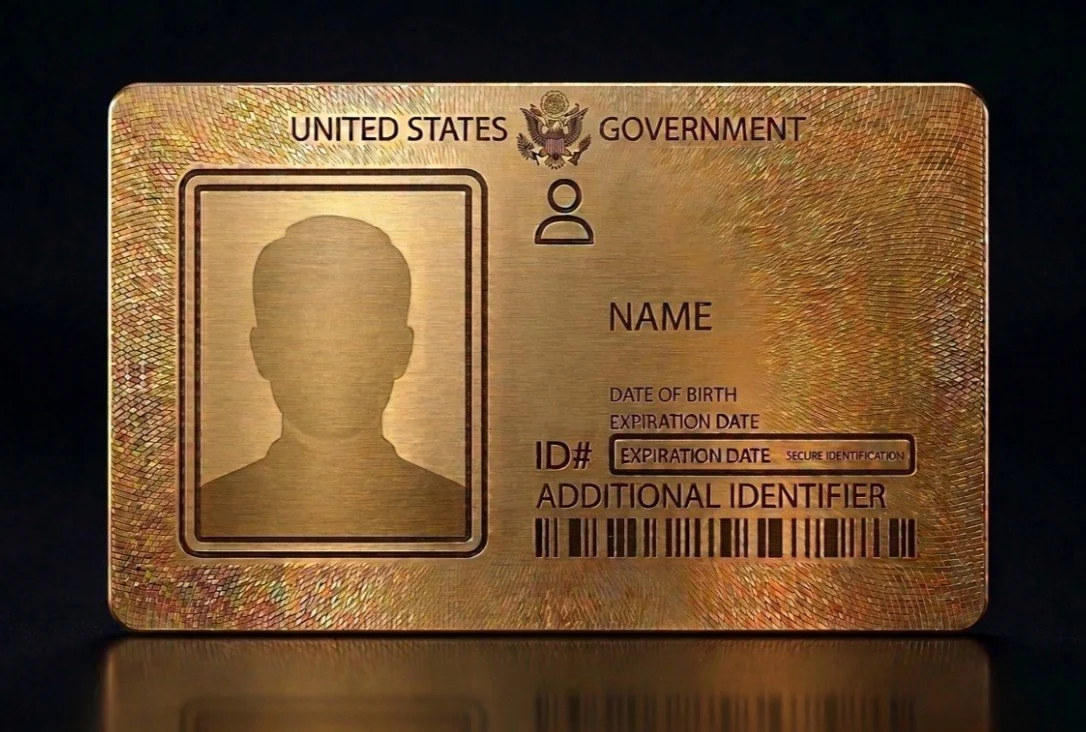 “Stylized gold identification card representing acceptable forms of ID for Texas notary services.”
