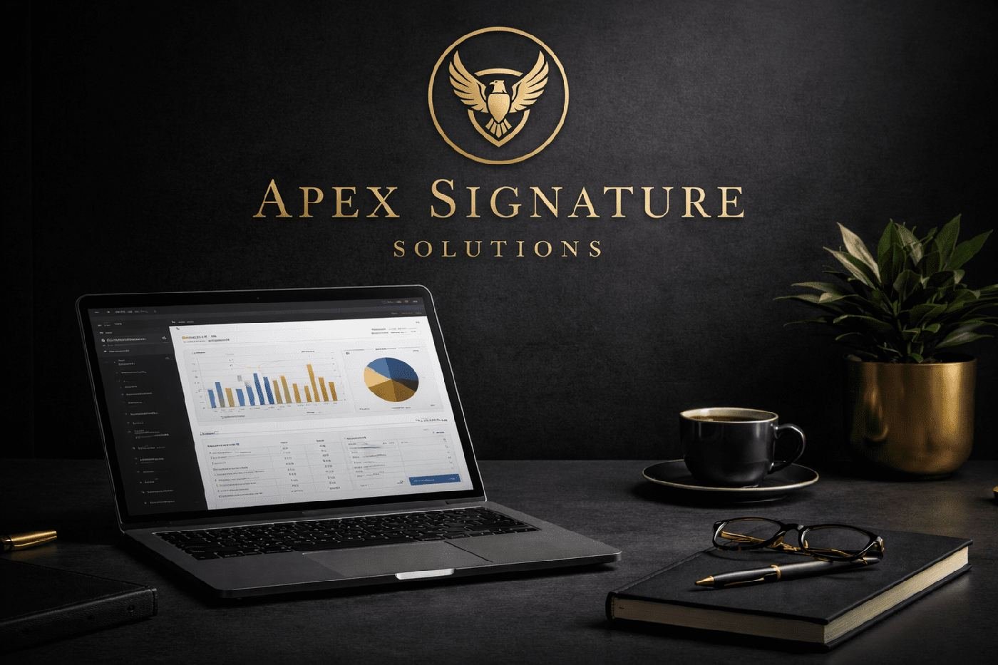 A dark workspace with a laptop displaying graphs and charts, a black coffee cup on a saucer, a potted plant in a gold pot, a pair of glasses, a pen, a closed notebook, and a black wall with gold logo and text reading 'Apex Signature Solutions'.