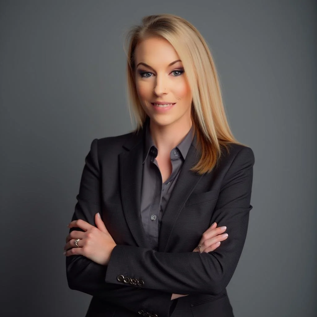 A professional woman with blonde hair, wearing a black blazer and grey shirt, standing with arms crossed against a grey background.