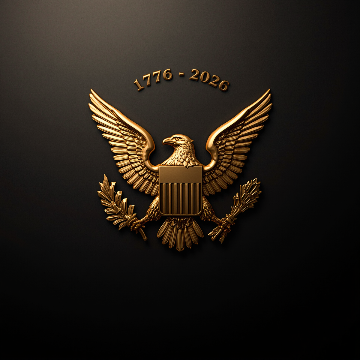 Golden emblem of a bald eagle with outstretched wings, holding a shield on its chest and a bundle of arrows in one talon, with the years 1776 and 2026 above.