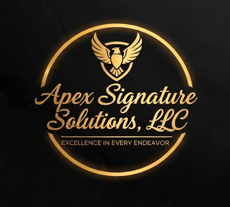 Gold and black logo for Apex Signature Solutions, LLC featuring an eagle with outstretched wings within a circular border and the tagline "Excellence in Every Endeavor."