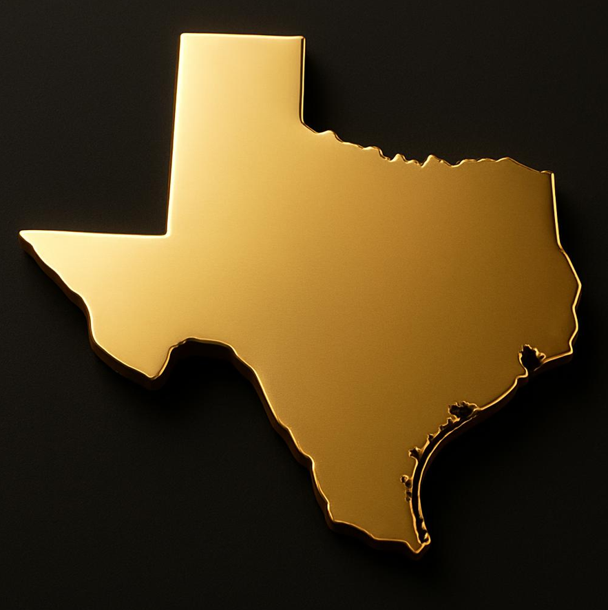 Gold-colored, three-dimensional outline of the state of Texas against a black background.