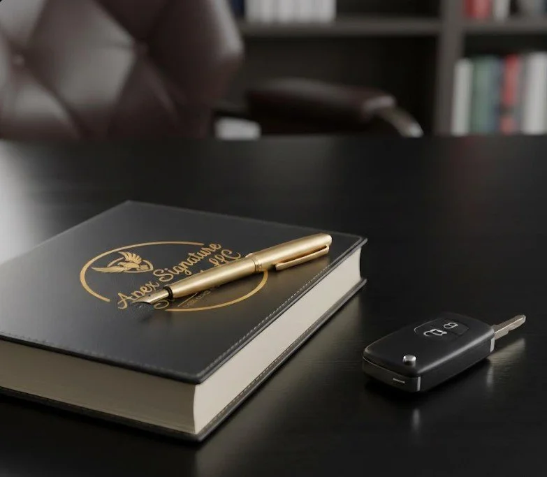 Black notebook with gold writing and a gold pen resting on top, sitting on a black table with a car key nearby.