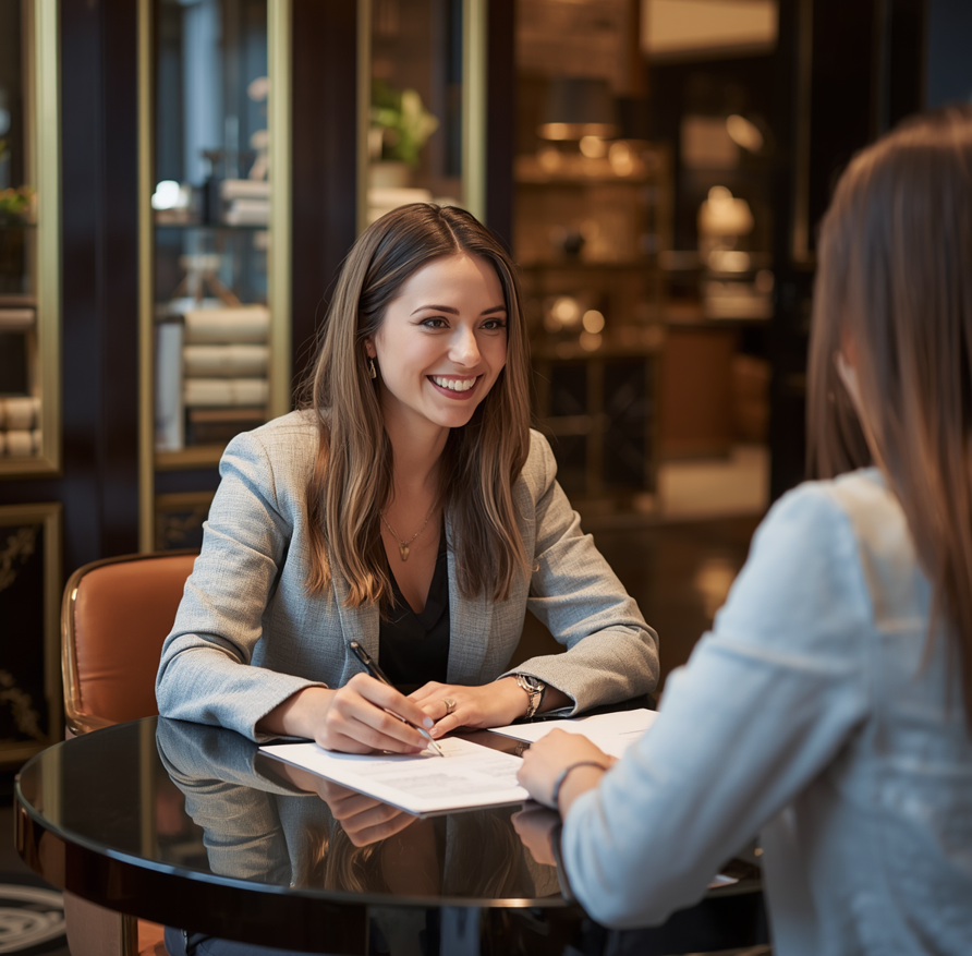 Two women having a conversation at a table in a sophisticated indoor setting, likely an interview or meeting, with one woman smiling and writing.