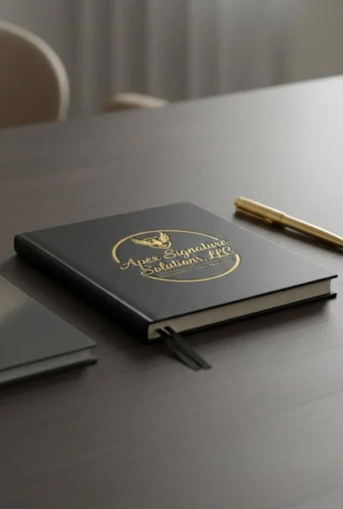 “Black and gold branded notebook with a gold pen on a dark desk, representing structured business formation and compliance support.”