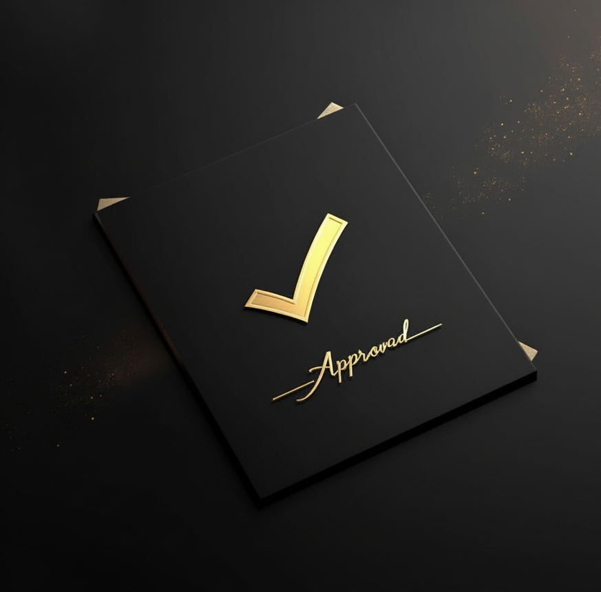 A black card with a large gold checkmark and the word "Approved" written in cursive beneath it.