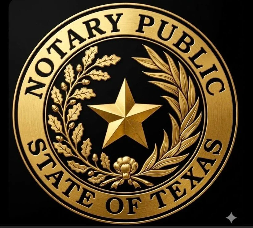 Emblem for the Texas Public Safety Department featuring a gold star at the center, with oak and laurel branches surrounding it, and the text 'NO- TARY PUBLIC STATE OF TEXAS' around the edge.