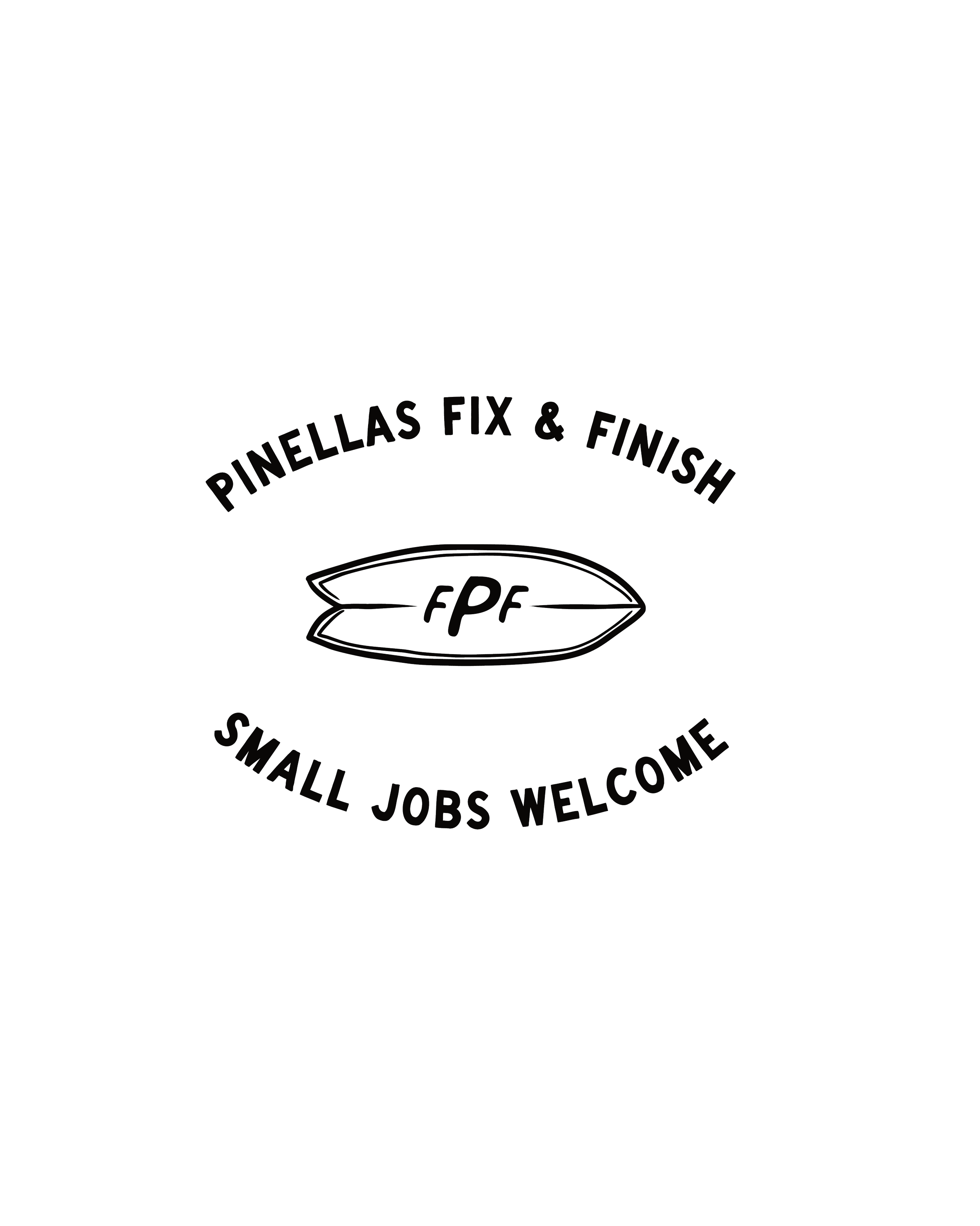 A black and white graphic design featuring a motorcycle with the text 'Pinellas Fix & Finish' curved above it and additional text below. The design is on a black background.