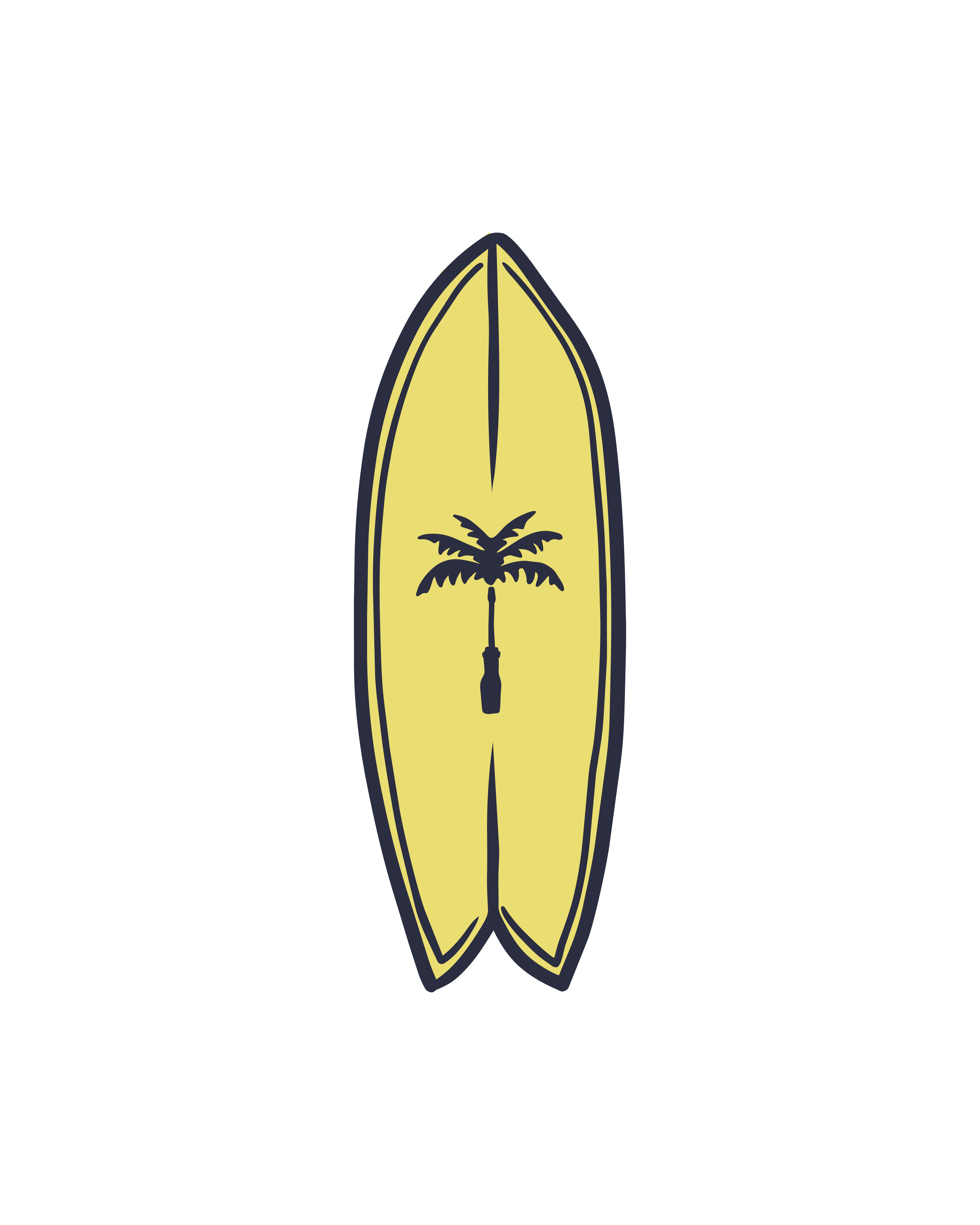 A yellow surfboard with a black palm tree design and black outline, standing upright against a white background.