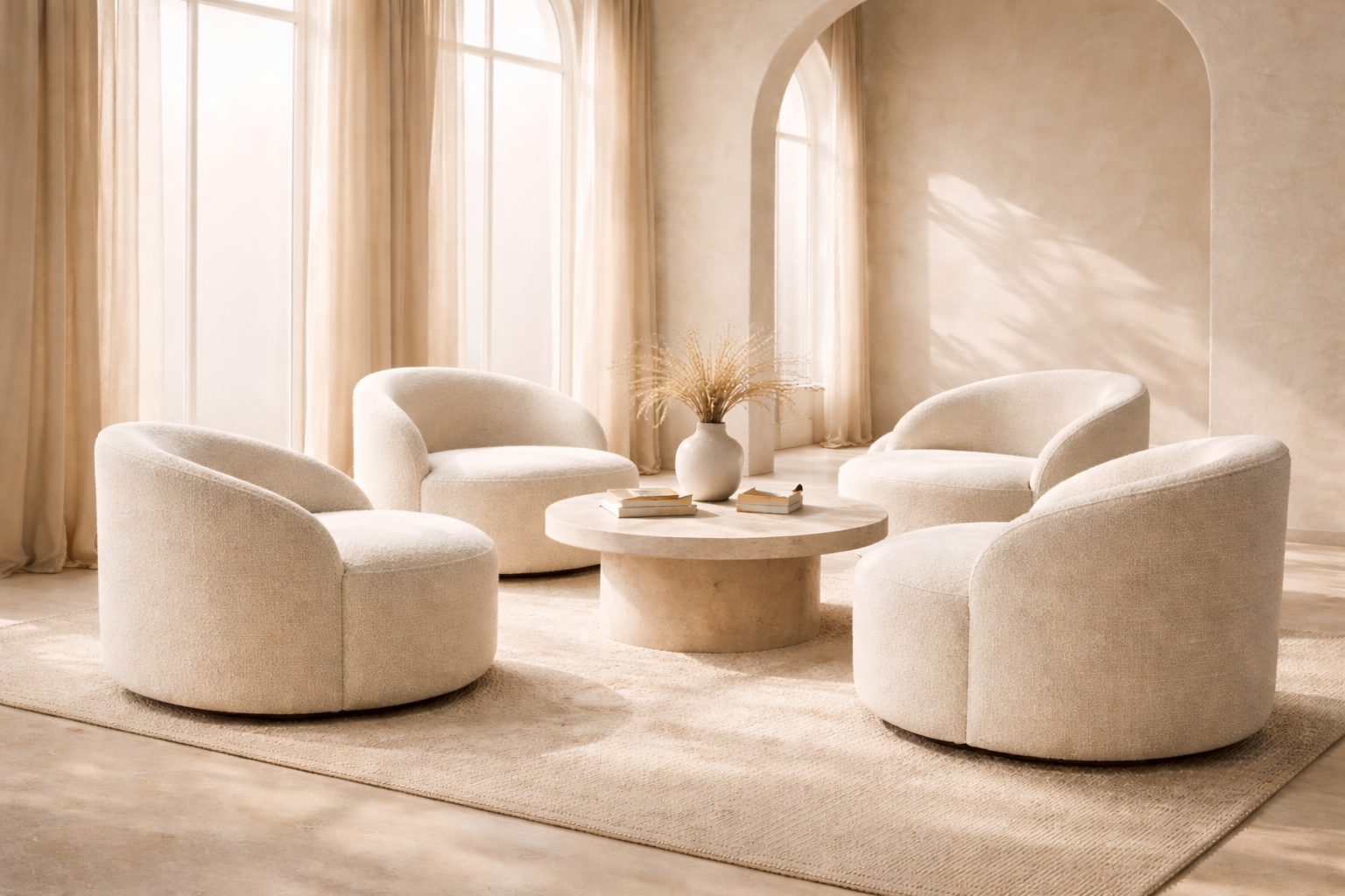 A living room with four rounded white chairs around a circular marble table, a vase with dried flowers, and a beige rug. Sunlight streams through large windows with cream curtains.