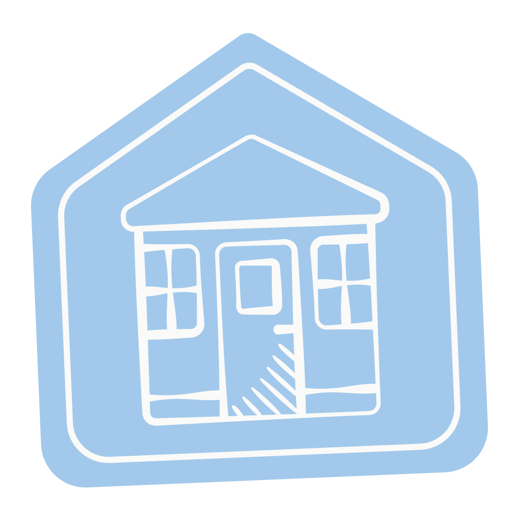 Blue house shape with a white drawing of a house with a door and four windows.