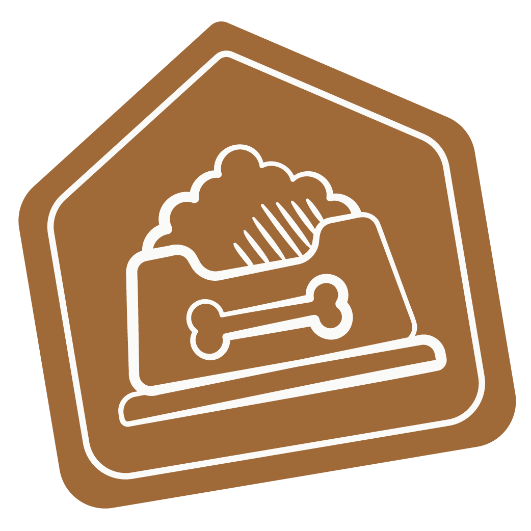 Brown house shape with a white drawing of a dog bowl with a bone on the front and kibble inside of the bowl.