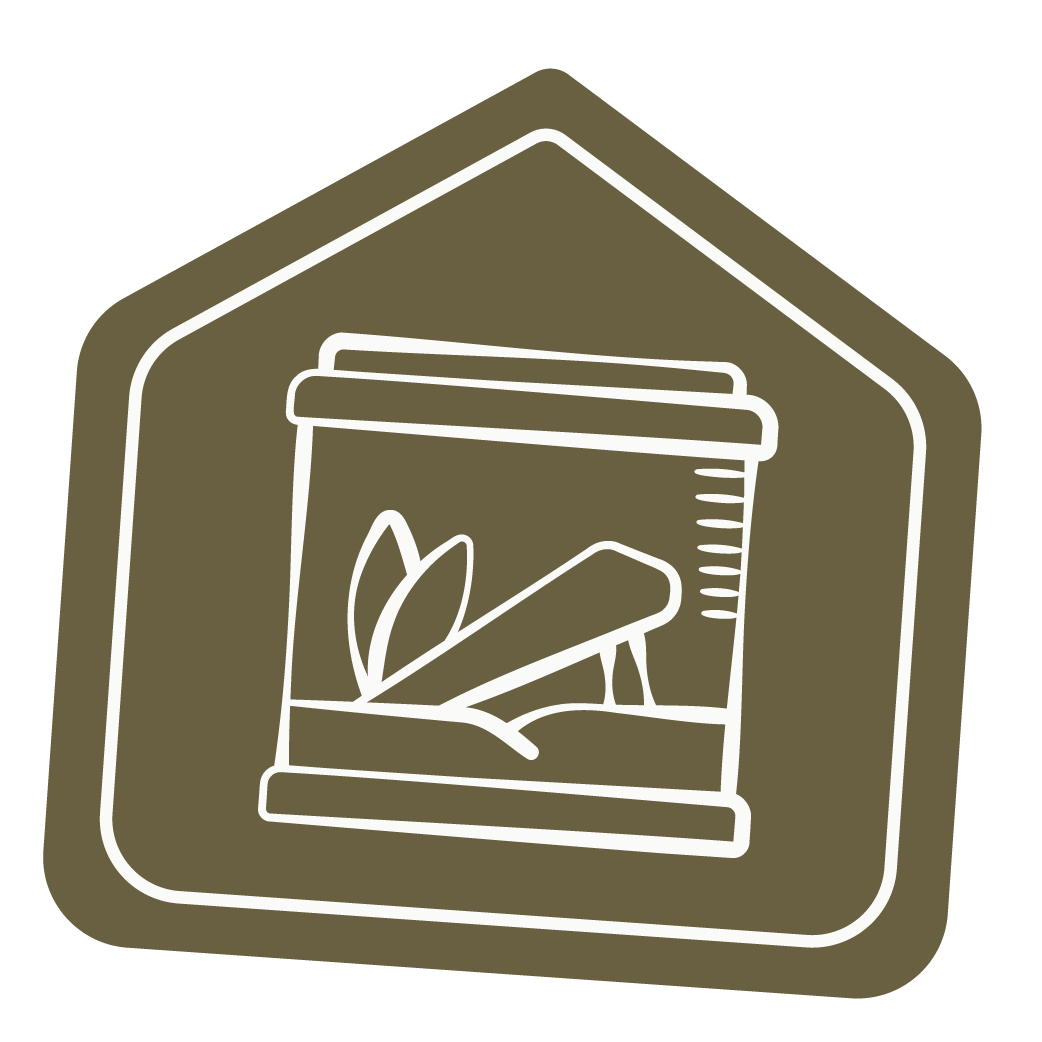 Green house shape with white drawn image of a terrarium for exotic pets