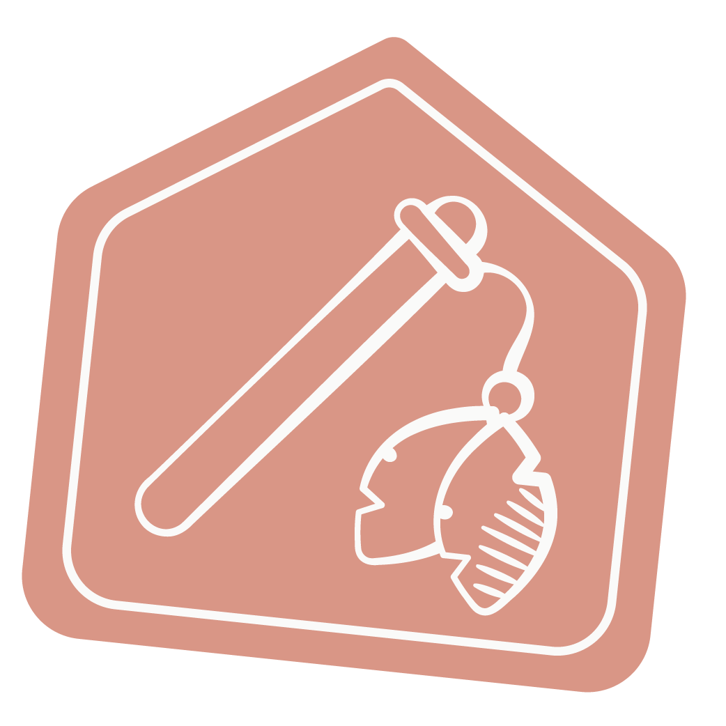 Pink house shape with a white drawing of a cat toy with feathers