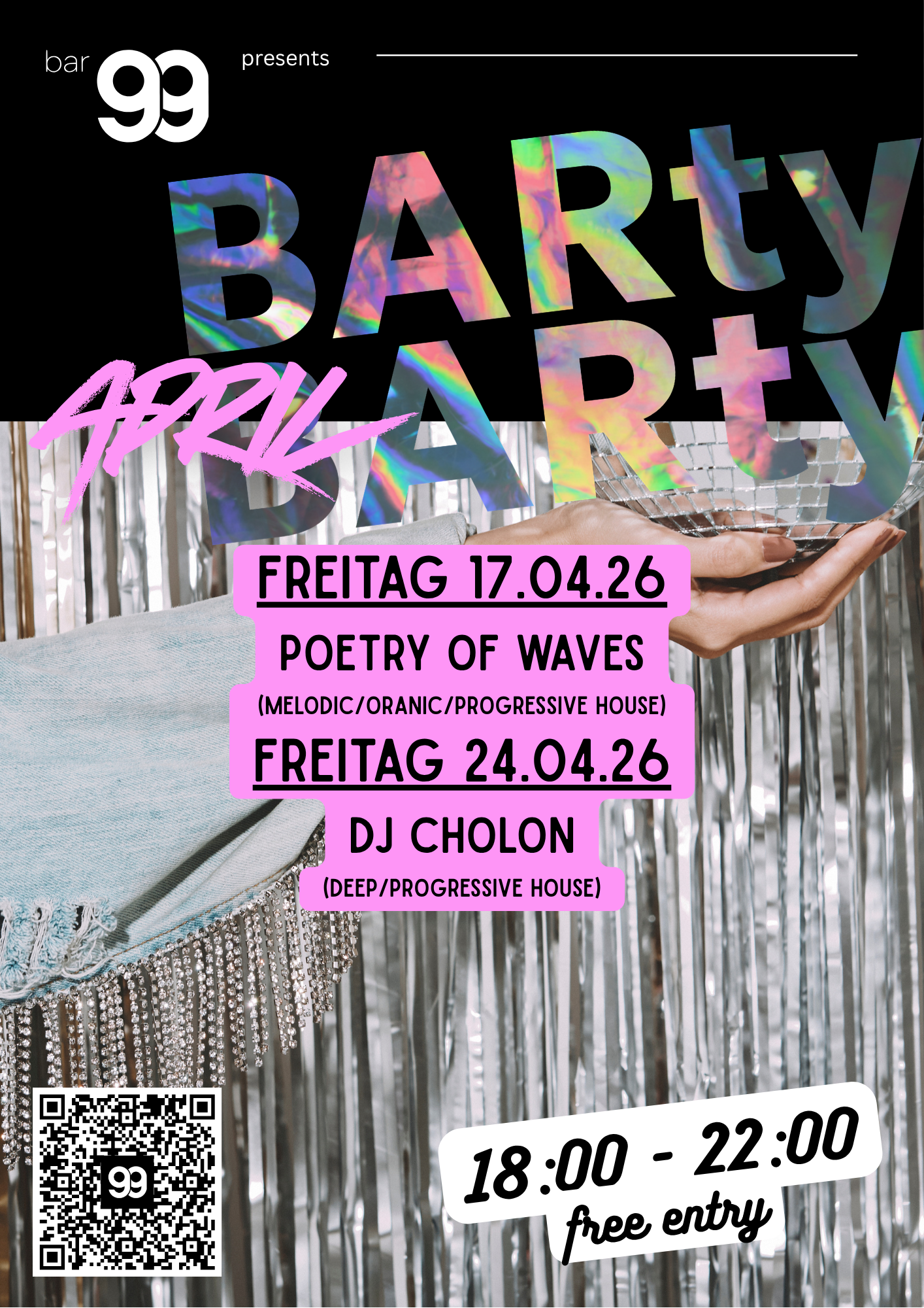 Veranstaltungsplakat für eine Party im April 2026 mit paillettenbesetztem Hintergrund, Disco-Kugel, hand gehaltenem Glas-Disco-Ball, und Textinformationen zu Terminen, Uhrzeit und freiem Eintritt.