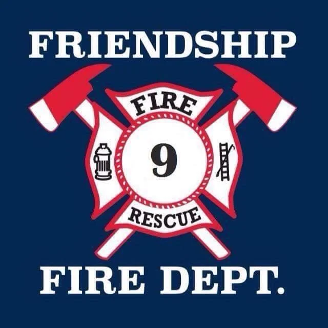 Graphic of a fire department crest with the words 'Friendship Fire Dept.' and 'Fire Rescue' surrounding a badge that has the number 9, a fire hydrant, and ladders. Two crossed axes are above the crest.