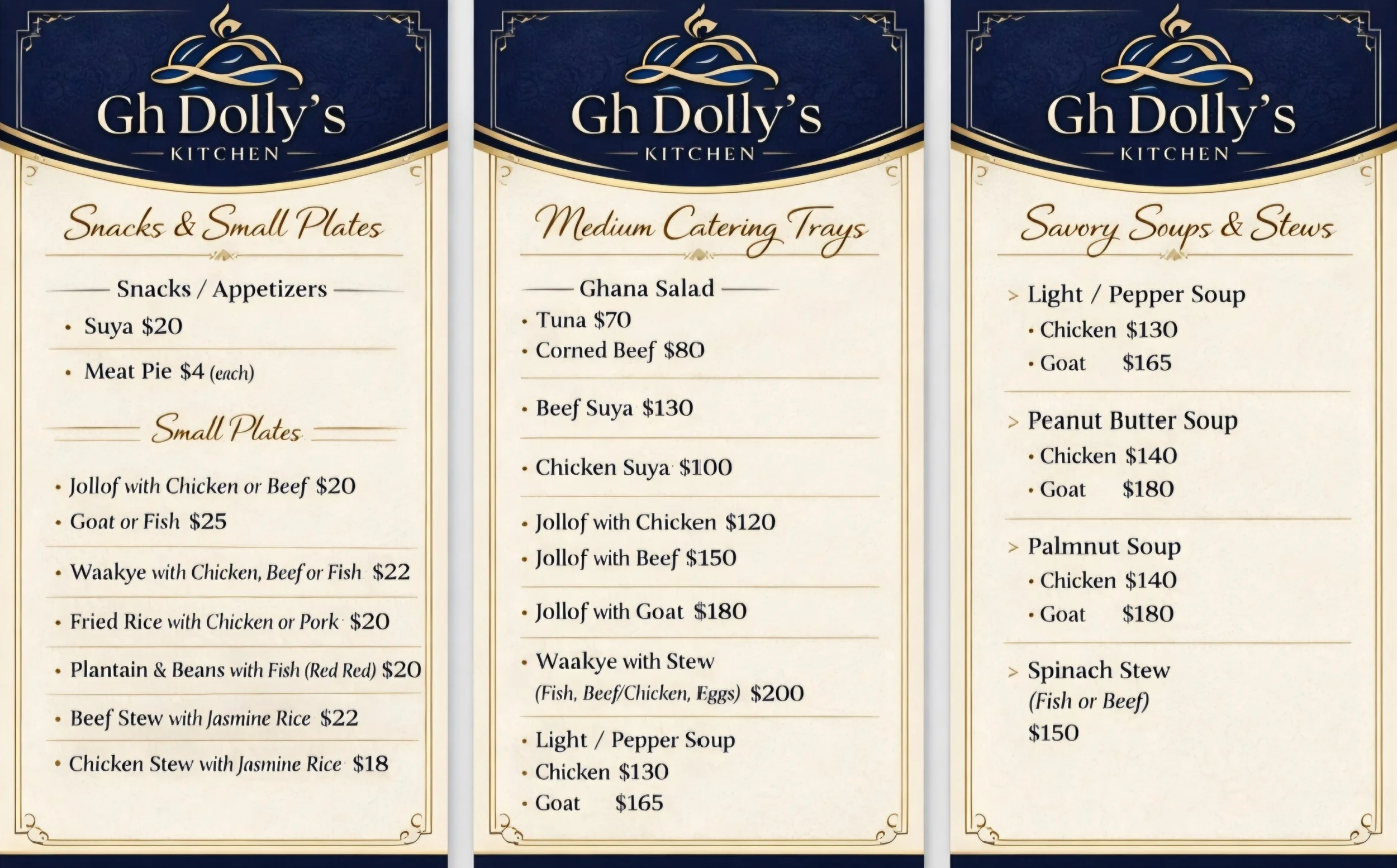 Menu from Gh Dolly's Kitchen, featuring sections for Snacks & Small Plates, Medium Catering Trays, and Savory Soups & Stews, with various dishes and prices listed.