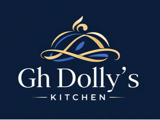 Logo for Gh Dolly's Kitchen, featuring a stylized steaming dish or cover in gold and blue with the text below.