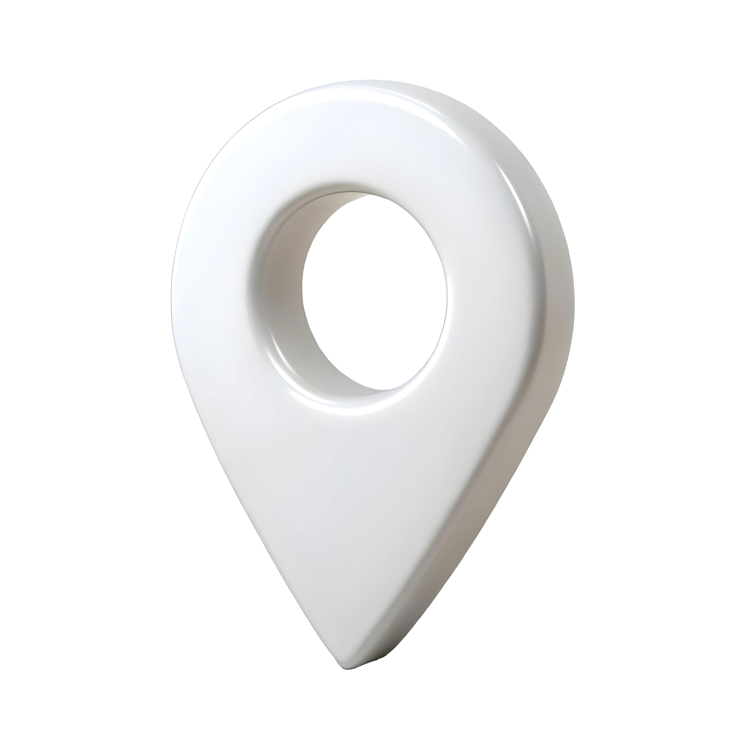 White 3D map location pin icon with a hollow center, used for digital maps and navigation.