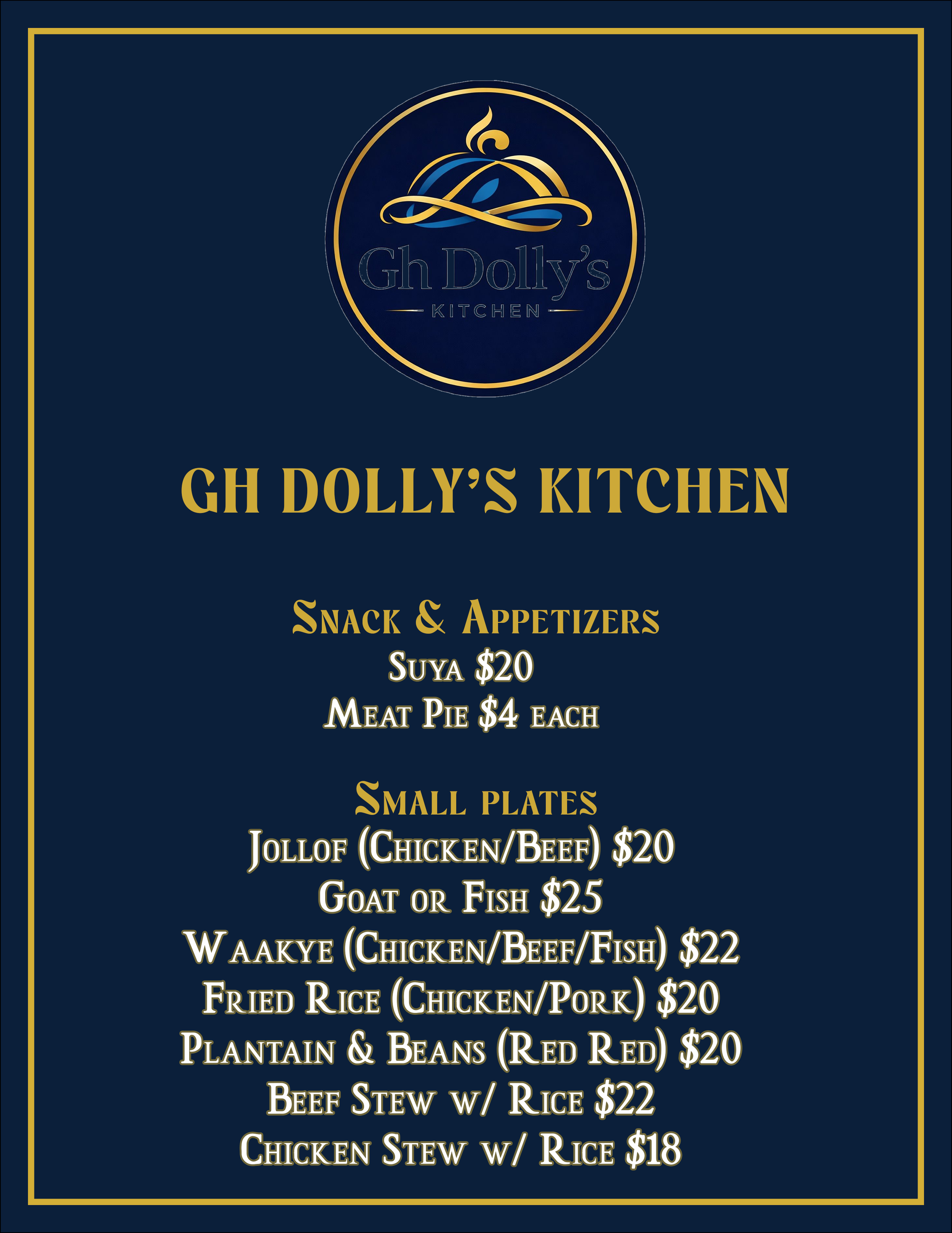 Digital menu for Gh Dolly's Kitchen listing snack and appetizer options like Suya, Meat Pie; small plates including Jollof, goat, fish, chicken, beef, pork, red red, rice, and stew, with prices.