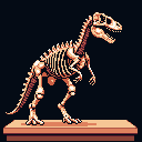 A T-Rex skeleton in 8-bit style on a platform as if in a museum.