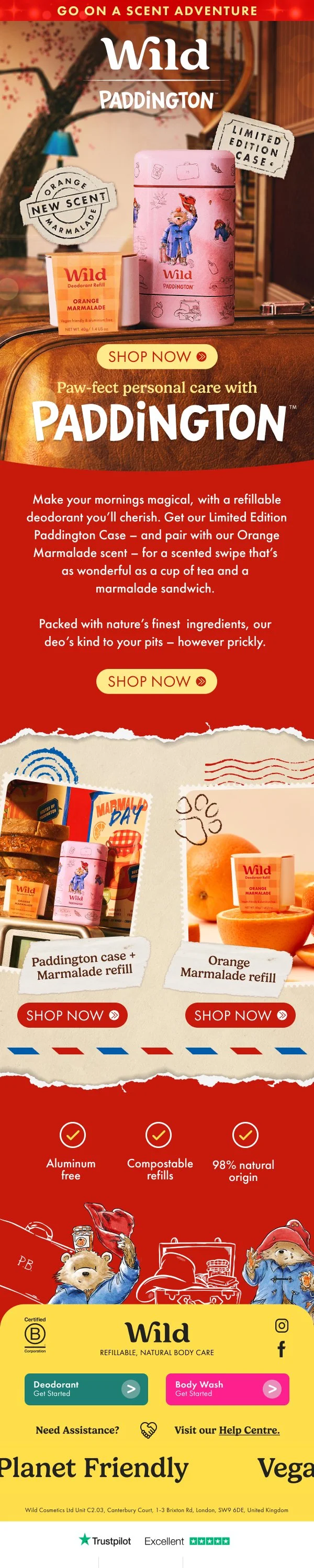 Advertisement for Wild Paddington personal care products, featuring a refillable deodorant case with Paddington Bear and orange marmalade scent, highlighting natural ingredients, eco-friendly refills, and a limited edition case with Paddington theme.