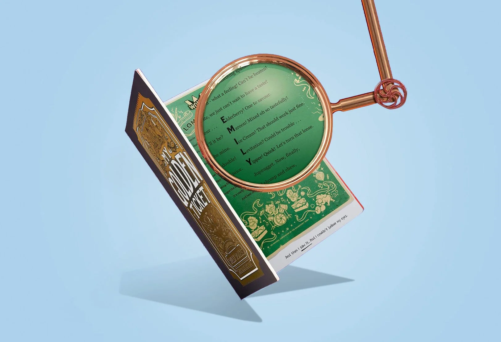A green and white package of ice cream with the words "My Golden Ticket" visible on the packaging, viewed through a copper magnifying glass.
