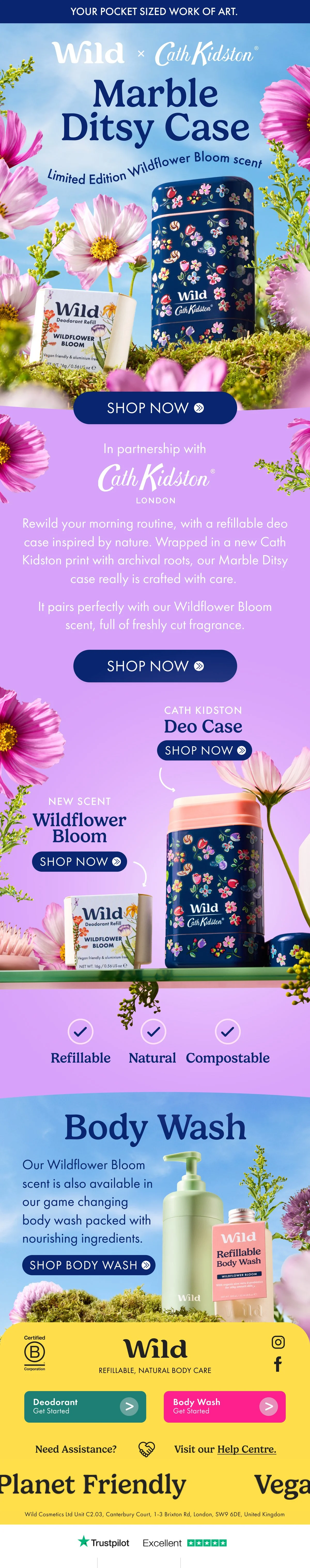 Advertisement for Wild and Cath Kidston collaboration featuring Marble Ditsy Case, Wildflower Bloom scent, and Wild Deodorant Refill, with vibrant flowers and product images against a pastel background.