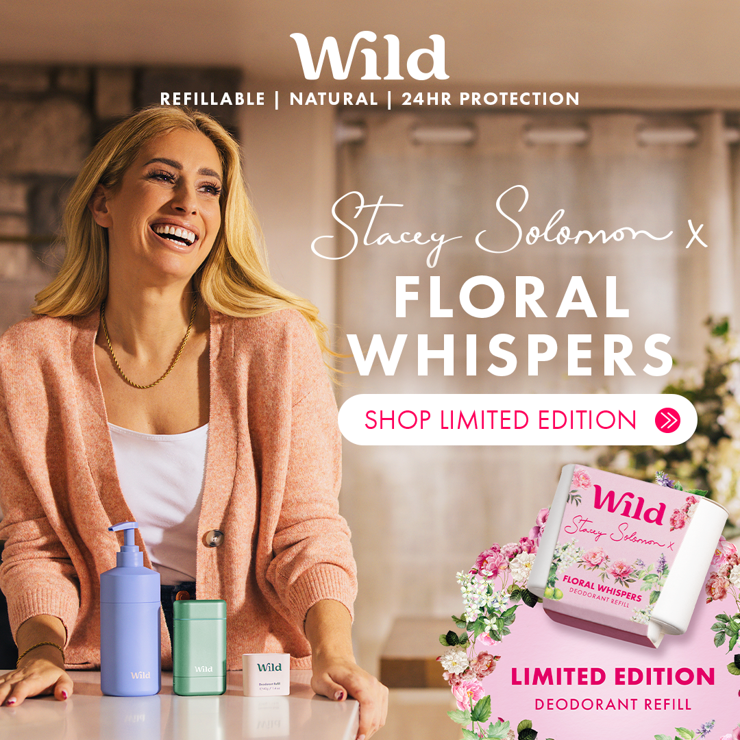 Advertisement featuring Stacy Solomon smiling, promoting Wild Floral Whispers limited edition deodorant refill, with deodorant products and floral decorations in the background.