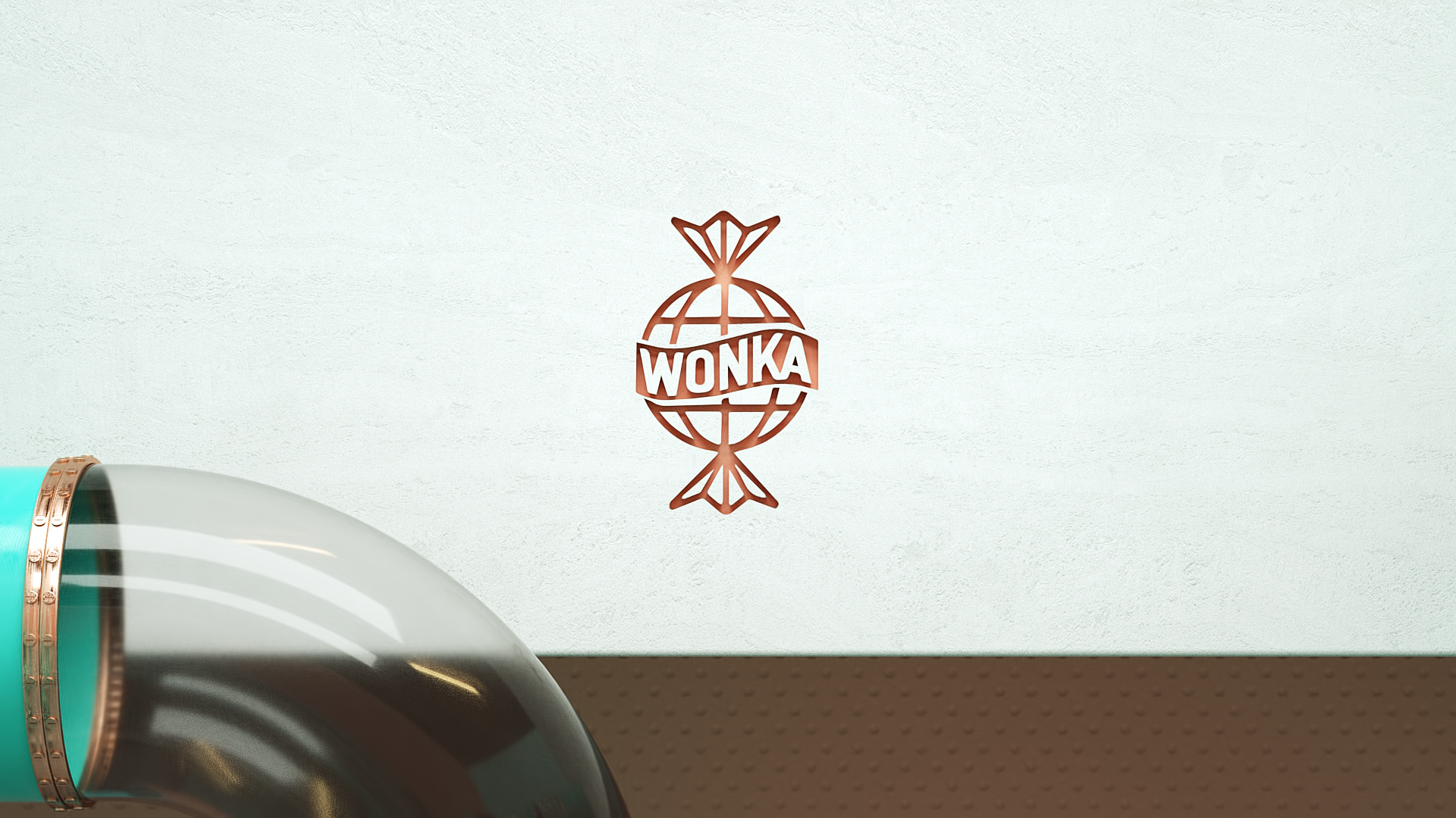 Close-up of a metallic container with turquoise and gold accents, placed on a beige textured surface, with a centered Wonka logo featuring a candy wrapped around a globe.