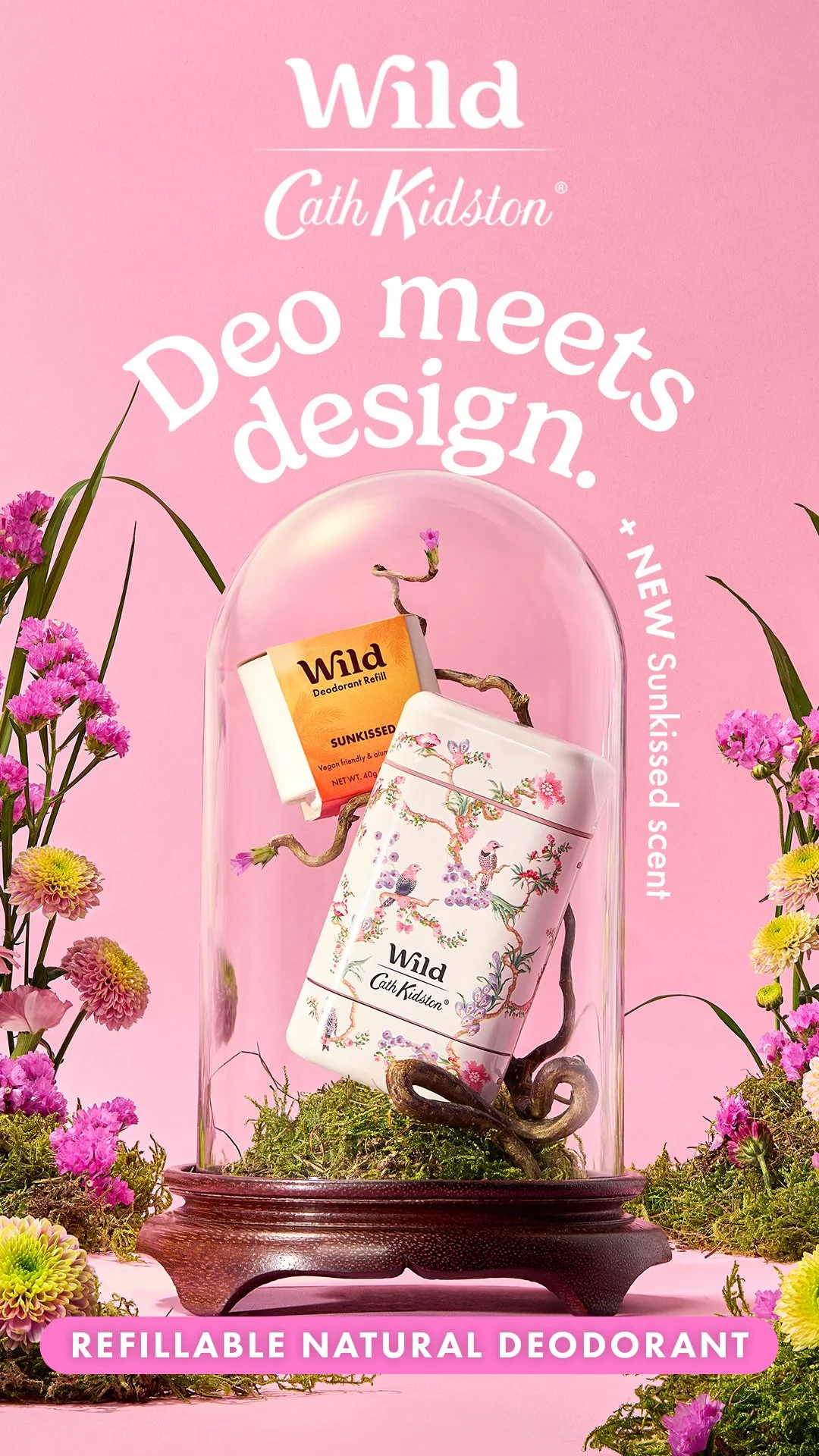 Pink background with floral decorations. Display of Wild Cath Kidston deodorant and refill, labeled as natural and scented with wild sunflower. Text highlights the design and scent, emphasizing novelty.