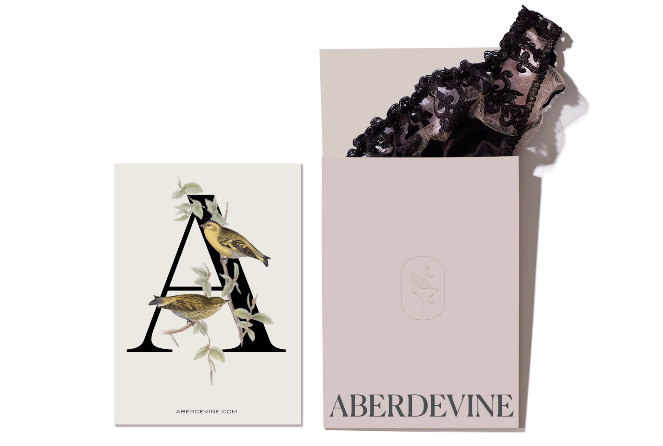 A pink box with black lace trim and the word 'ABERDEVINE' on it, alongside a card with a large black letter A, two yellow and black birds, and the website 'ABERDEVINE.COM' printed on it.