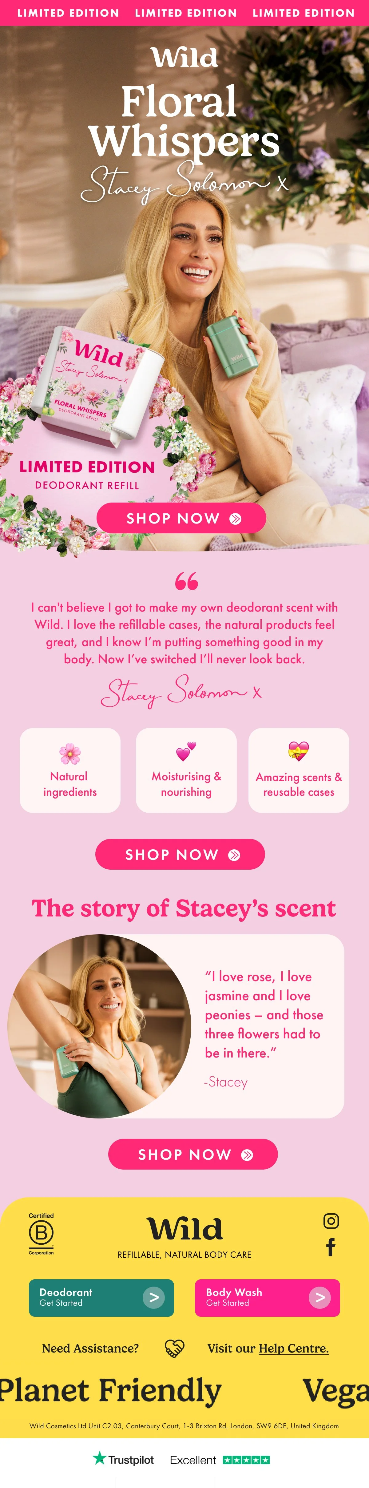 A promotional advertisement for Wild Floral Whispers scented products featuring Stacey Solomon. The ad showcases a woman holding a refillable deodorant case, surrounded by flowers, with text emphasizing natural ingredients, moisturizing, and reusable cases, and encouraging viewers to shop now.