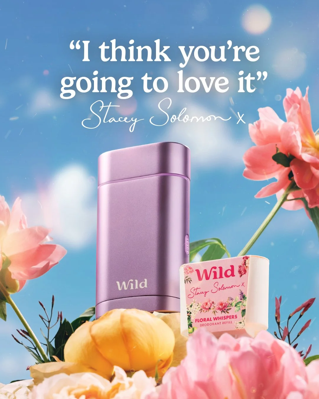 Advertisement for Wild floral whisper deodorant featuring a purple deodorant stick, pink flowers, a honey dipper, and a 'Wild' branded confession tag with a blue sky background.