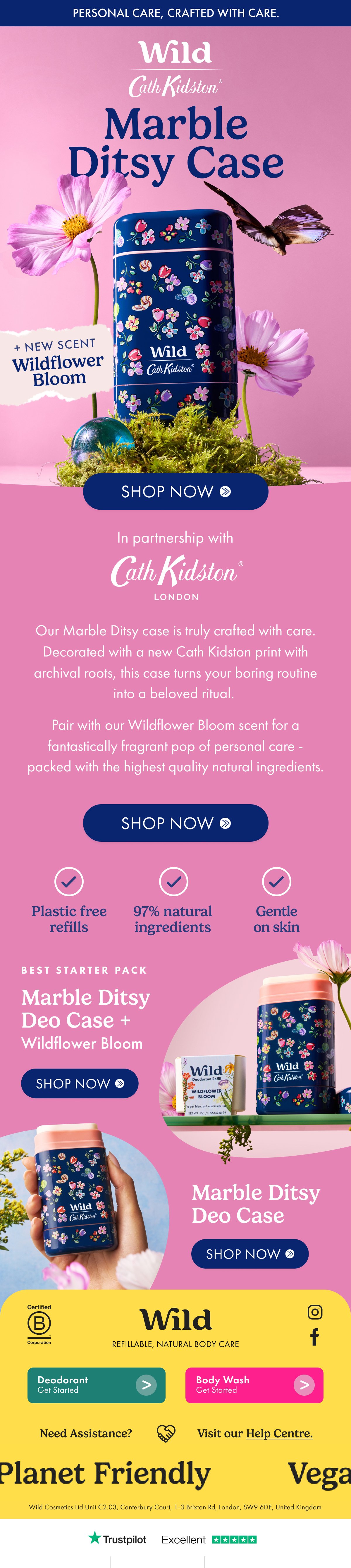 Advertisement for Wild Cath Kidston Marble Ditsy Case with Wildflower Bloom scent, featuring a floral design on a blue case, flowers, a butterfly, and various product images.