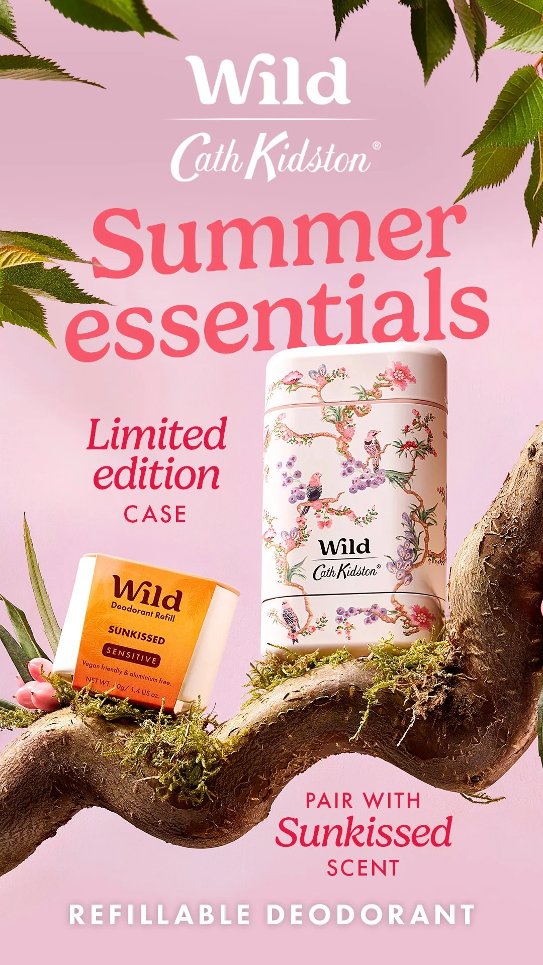 Packaging for Wild Summer Essentials limited edition case and deodorant refill, featuring floral and bird design, with a pink background and green leaves.