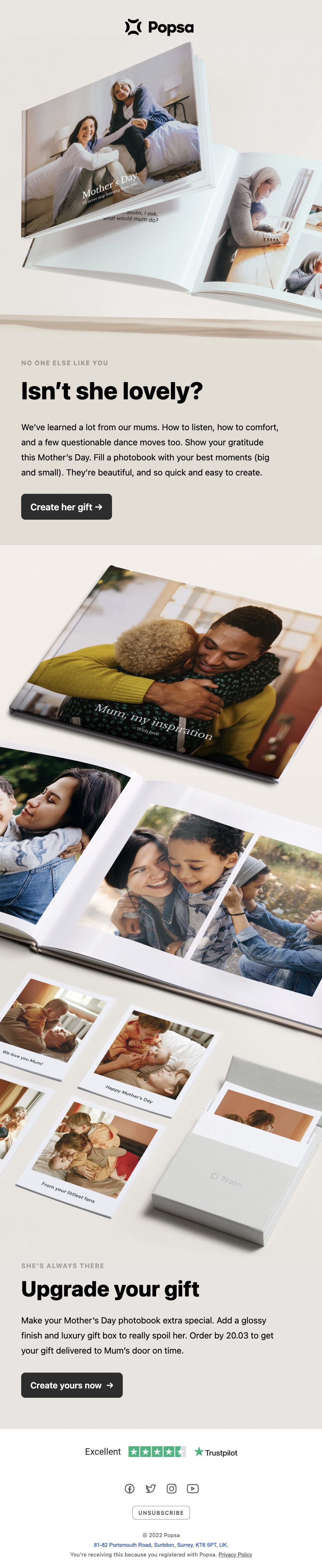 Open photo book showcasing family images, including mothers and children, celebrating Mother's Day with a focus on creating personalized gifts.