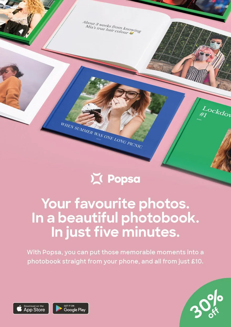 Pink background with several photo books displaying personal photos, and promotional text about creating photo books with Popsa app.