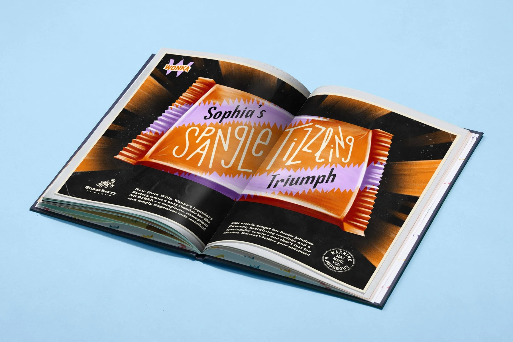Open magazine featuring a colorful advertisement for Sophia's Sangle Tazing Triumph candy, with a warning label about high sugar content.