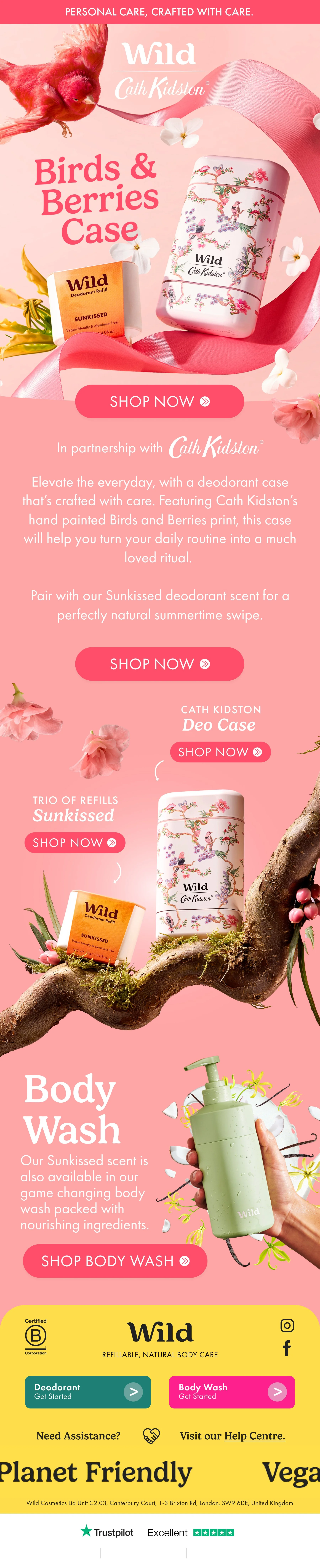 An advertisement for Wild by Cath Kidston, featuring Bird and Berries scented deodorant and body wash products with a pink background, floral accents, and product images.