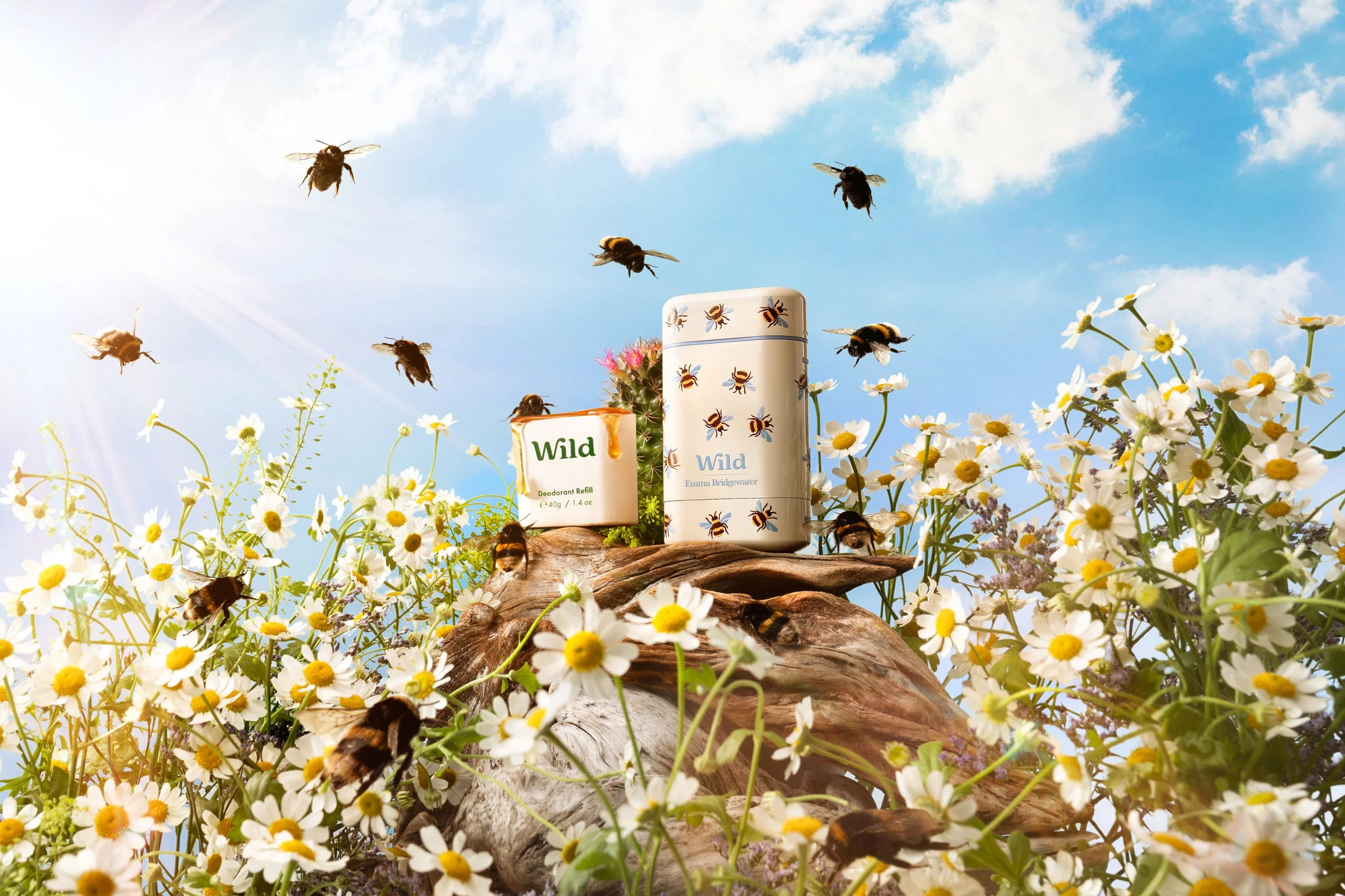 Bee products on a wooden surface surrounded by daisies and wildflowers with a blue sky background.