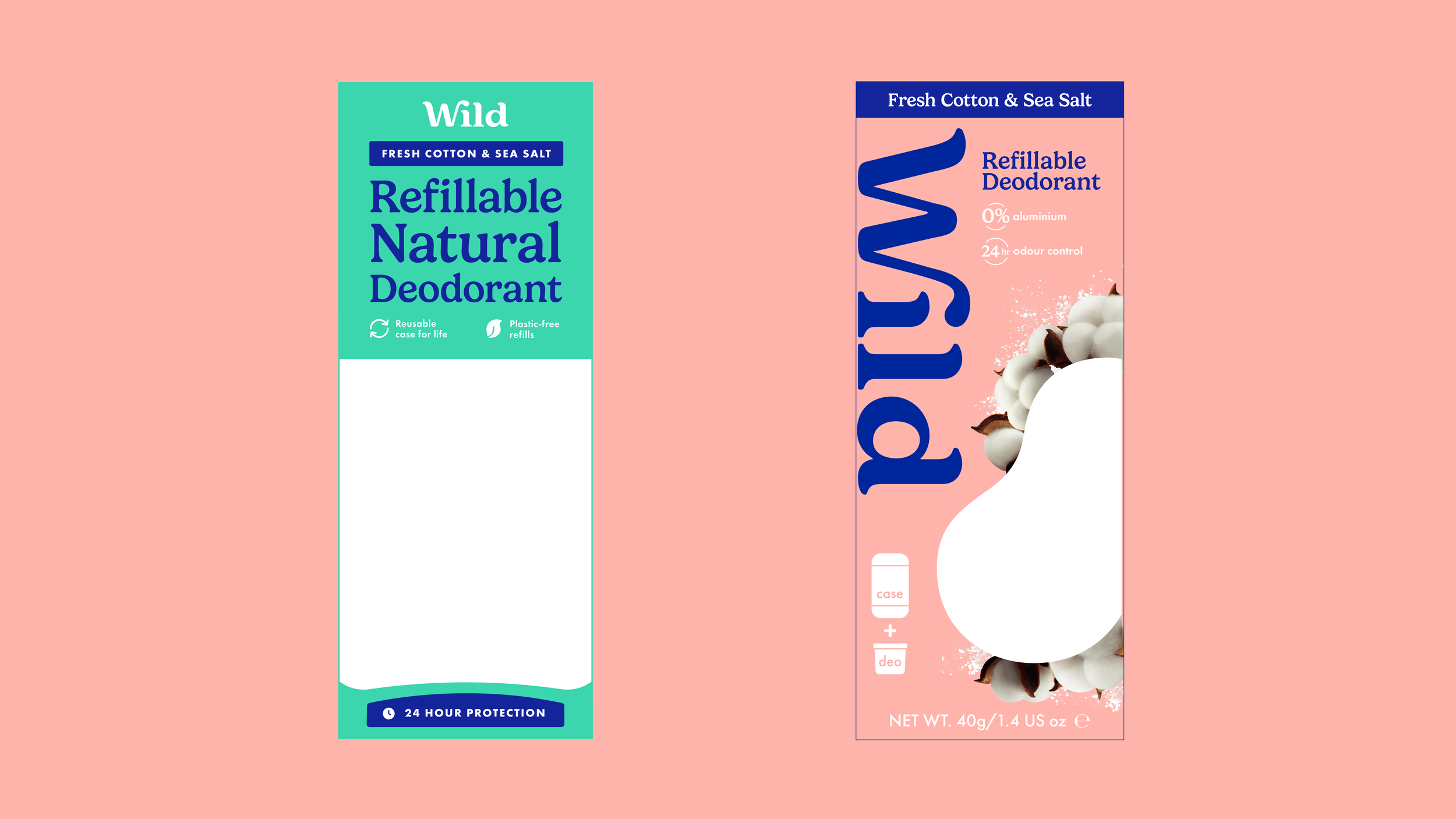 Two refillable deodorant packages on a pink background. The package on the left is turquoise with text 'Wild', 'Refillable Natural Deodorant', and product details, including 'Reusable case for life' and 'Plastic-free refills'. The package on the right is pink with the same main text, featuring cotton imagery, and indicates it is a refillable deodorant with cotton and sea salt fragrance, with details about aluminum-free and 24-hour odor control.