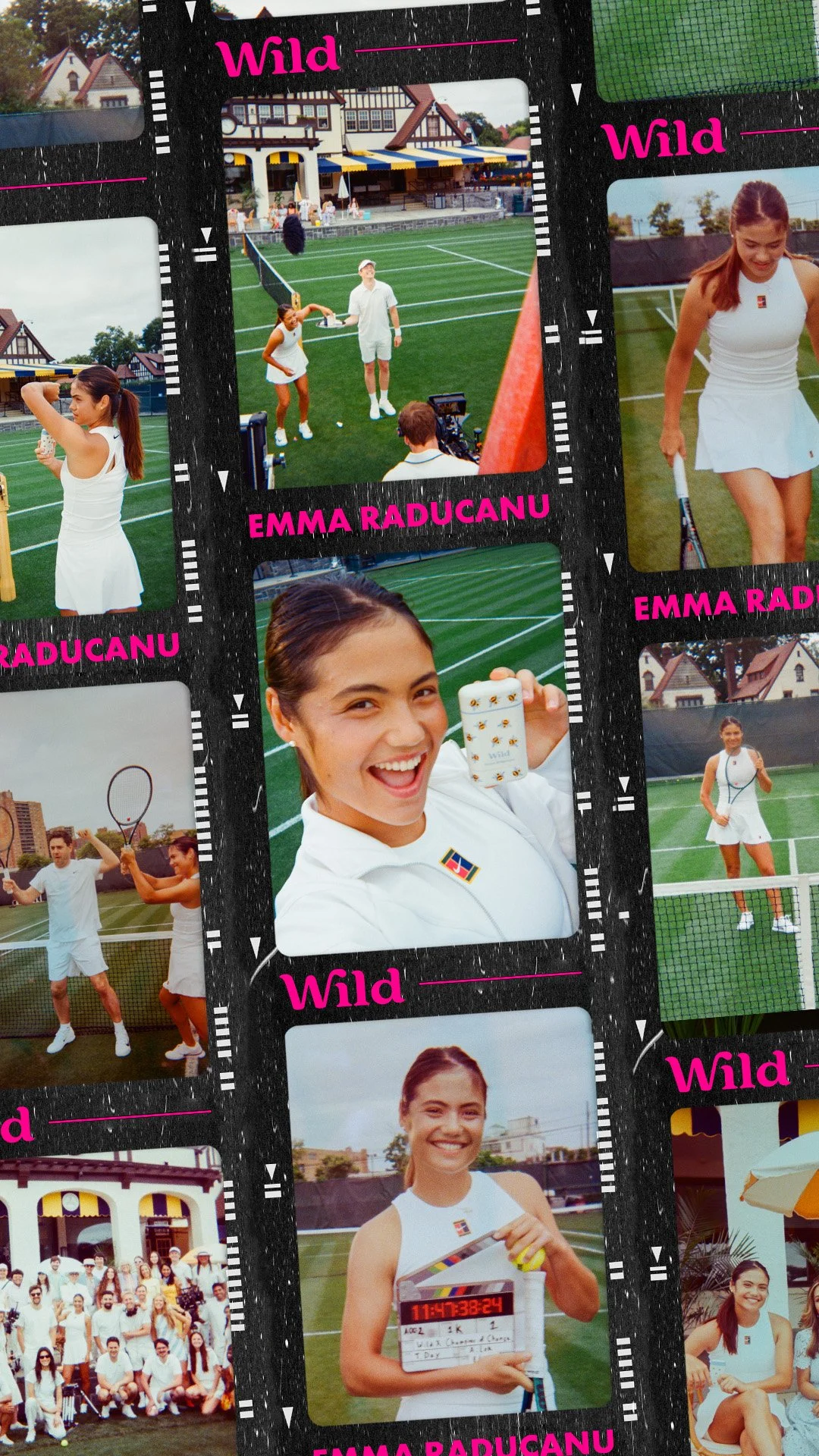 Series of photographs featuring Emma Raducanu during a tennis event. In one photo, she is holding a drink on a tennis court; in another, she is smiling and showing a product; in others, she is preparing to play tennis or walking with a tennis racket. The background includes a tennis court and a group photo of many people.
