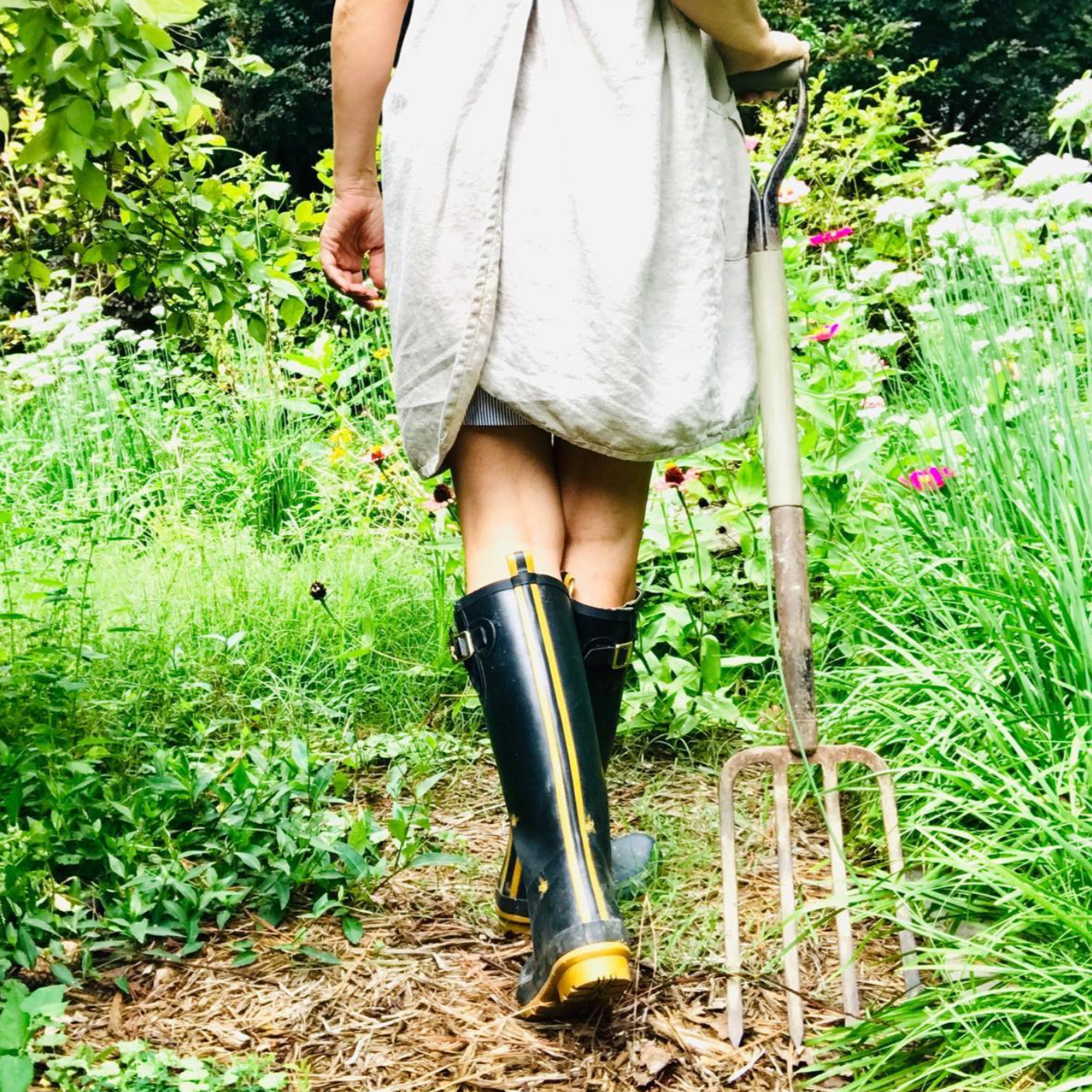 woman from waste down in garden apron wearing rain boots and carrying a spade in a garden