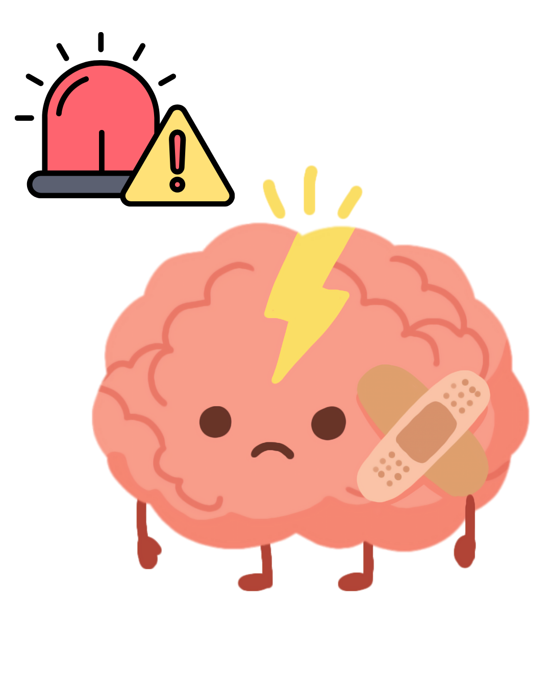 Eine Gehirn-Illustration mit einem Pflaster und einer Blitz-Ikone auf der Stirn, ein Warnzeichen oben links zeigt einen Alarm an.