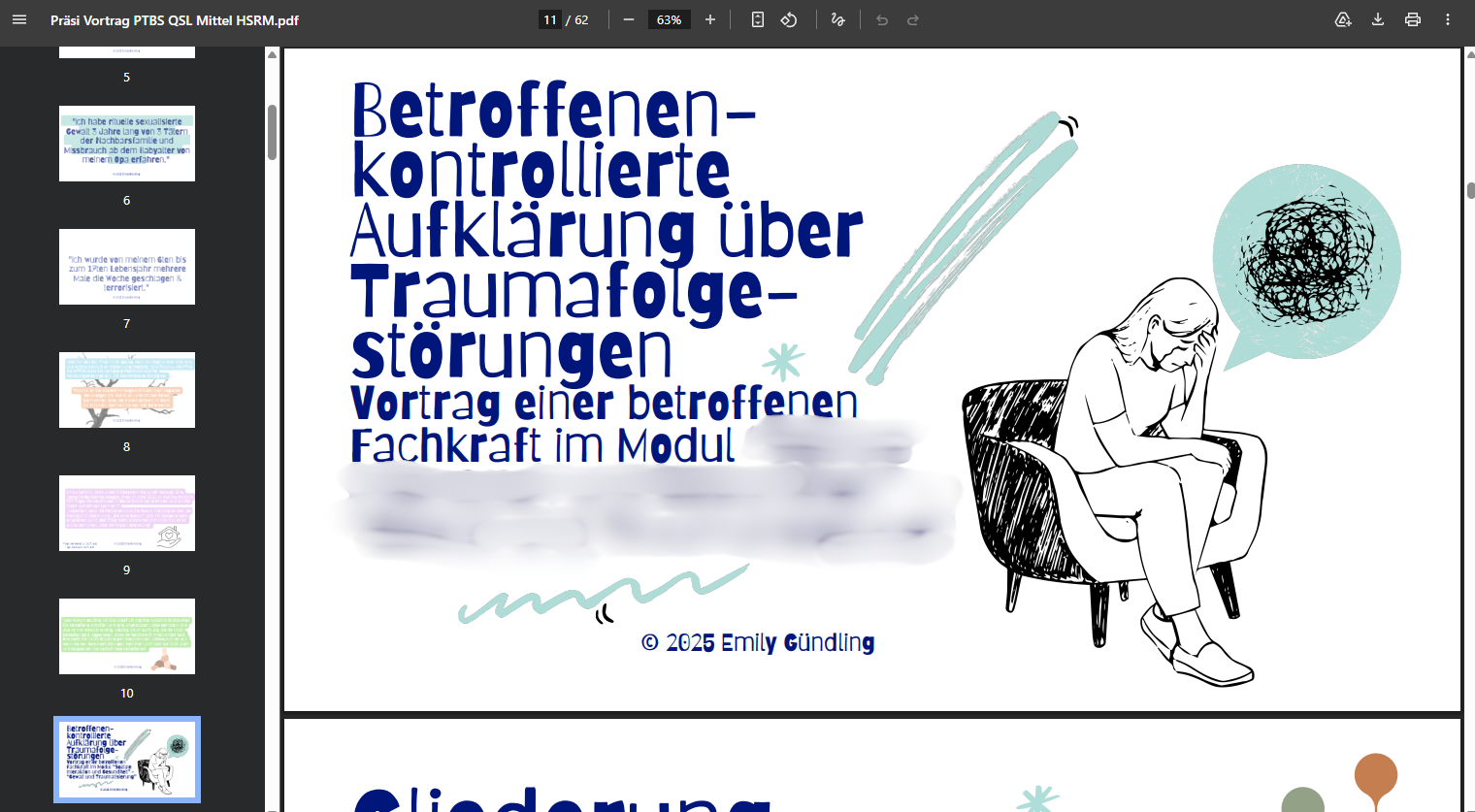 Titelseite einer Präsentation mit einer Grafik mit dem Schriftzug "Betroffenenkontrollierte Aufklärung über Traumafolgestörungen ..." und die Illustration einer Frau in einem Sessel mit Kopf in den Händen
