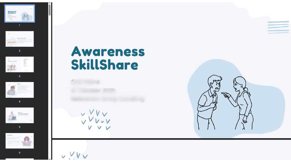 Folie von einer Präsentation mit dem Titel "Awareness SkillShare" in Blau, mit einer handgezeichneten Illustration von zwei streitenden Personen, die aufeinander zeigen.